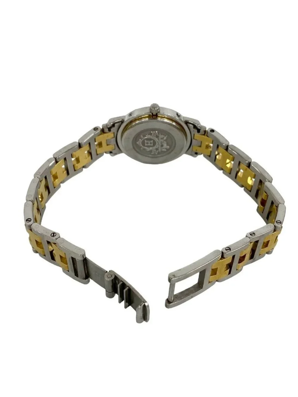 Hermes Clipper Stainless Steel Quartz Watch Wristwatch Silver Gold